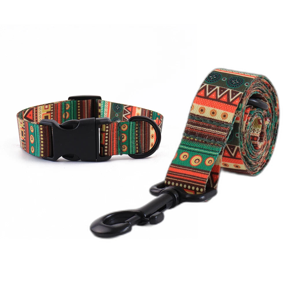 Custom Ethnic Pet Collar Set - Adjustable Nylon with Engraved ID Tag