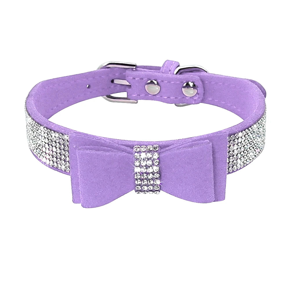 Adjustable Rhinestone Dog Collar - Suede Leather with Bowknot Design