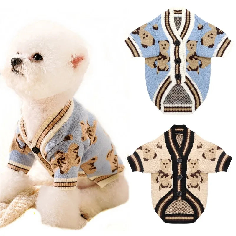 Bear Pattern Dog Sweater - Cozy Cardigan for Small & Medium Pets