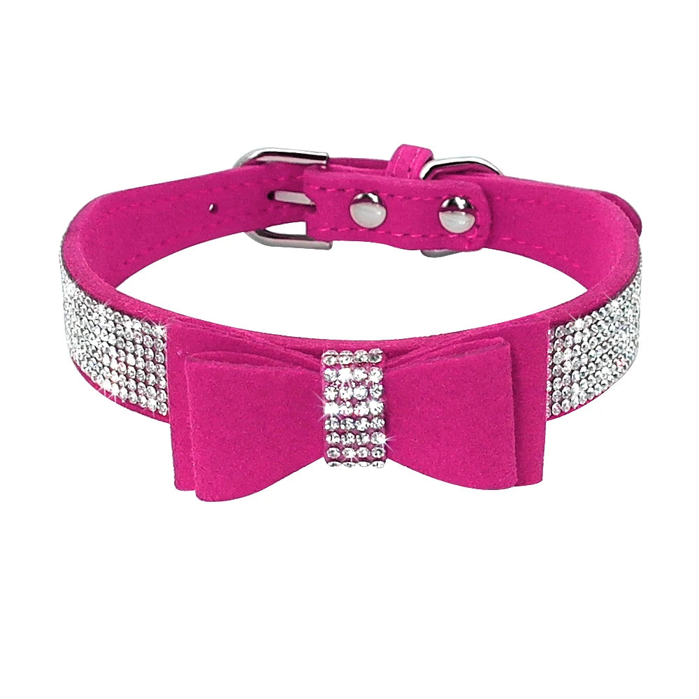 Adjustable Rhinestone Dog Collar - Suede Leather with Bowknot Design