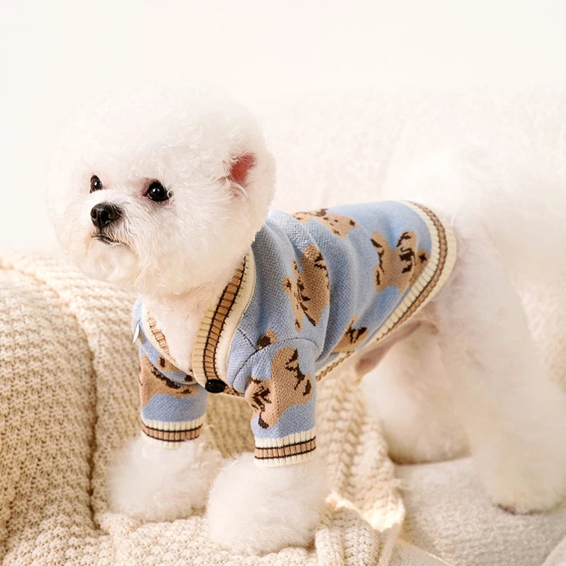 Bear Pattern Dog Sweater - Cozy Cardigan for Small & Medium Pets