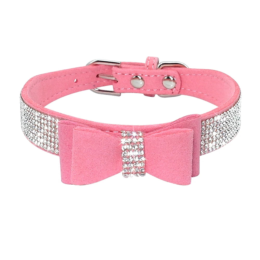 Adjustable Rhinestone Dog Collar - Suede Leather with Bowknot Design