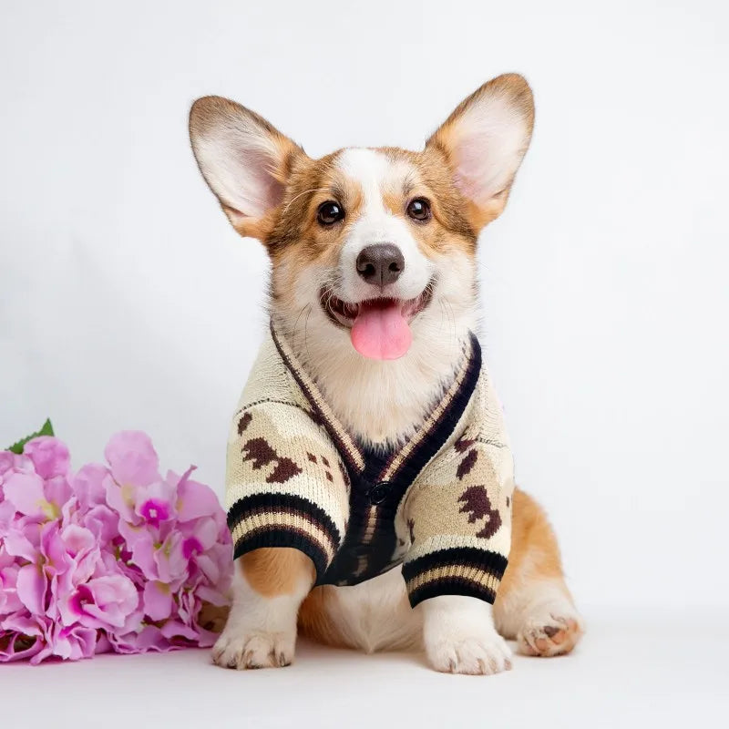 Bear Pattern Dog Sweater - Cozy Cardigan for Small & Medium Pets