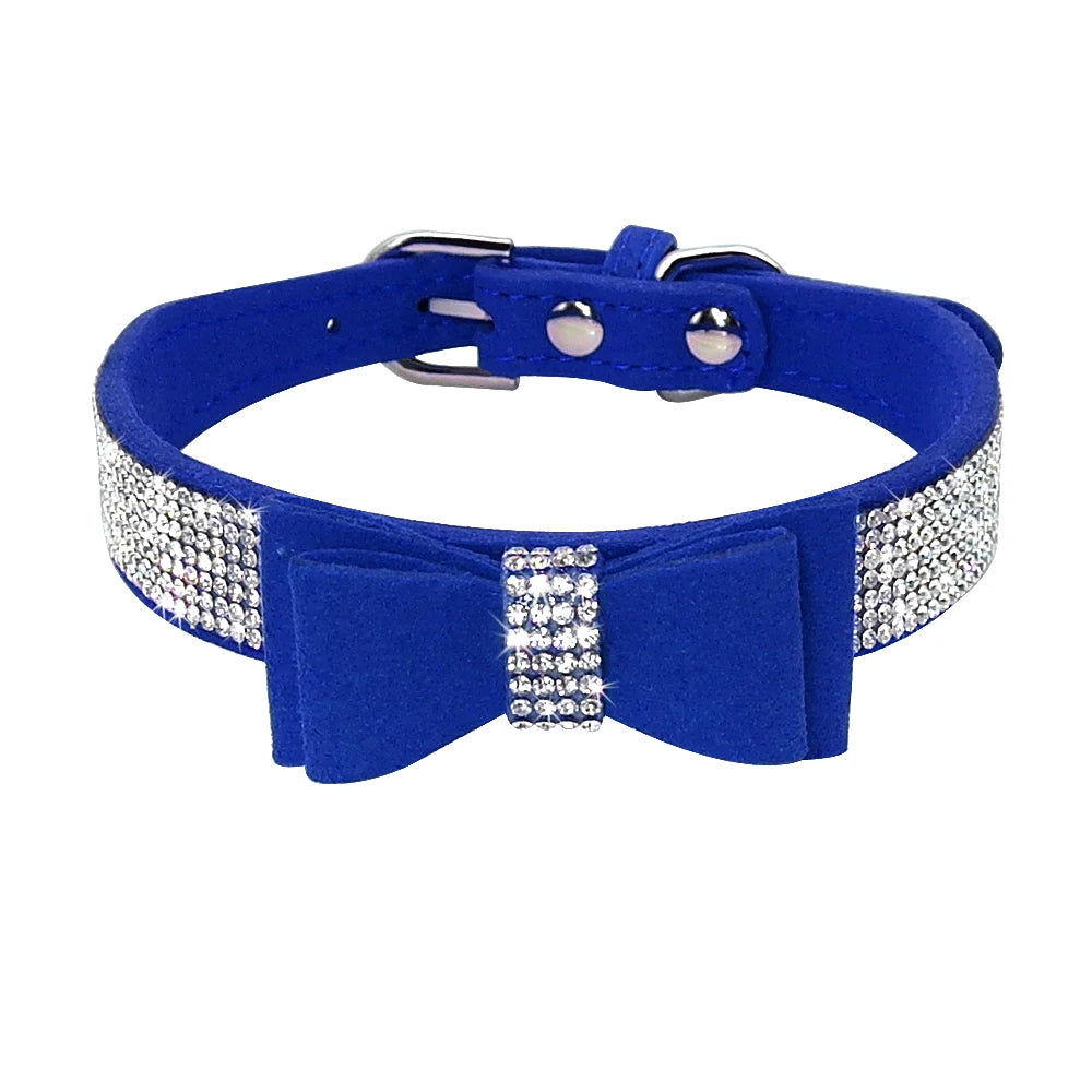 Adjustable Rhinestone Dog Collar - Suede Leather with Bowknot Design