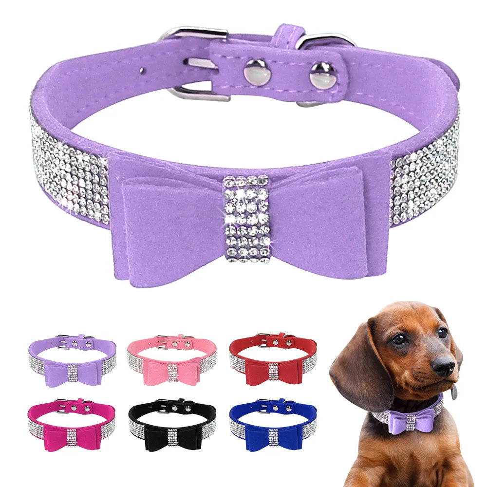 Adjustable Rhinestone Dog Collar - Suede Leather with Bowknot Design