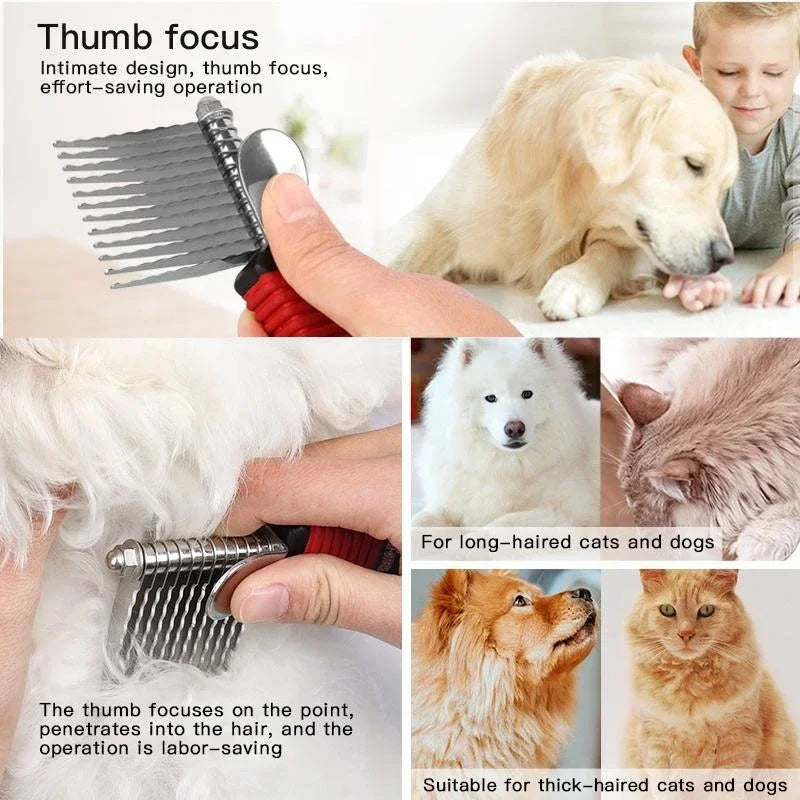 Pet Dematting Fur Rake - Detangling Brush for Dogs & Cats, Removes Knots & Dead Hair