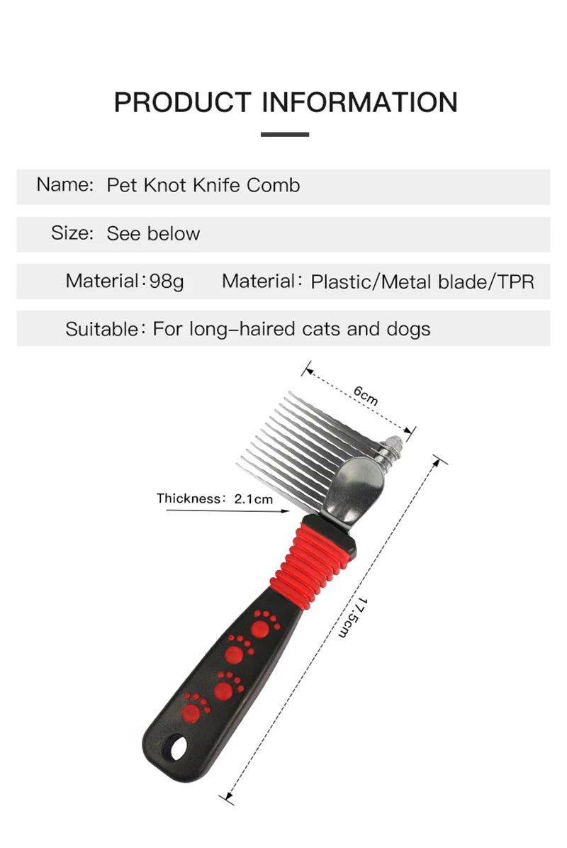 Pet Dematting Fur Rake - Detangling Brush for Dogs & Cats, Removes Knots & Dead Hair