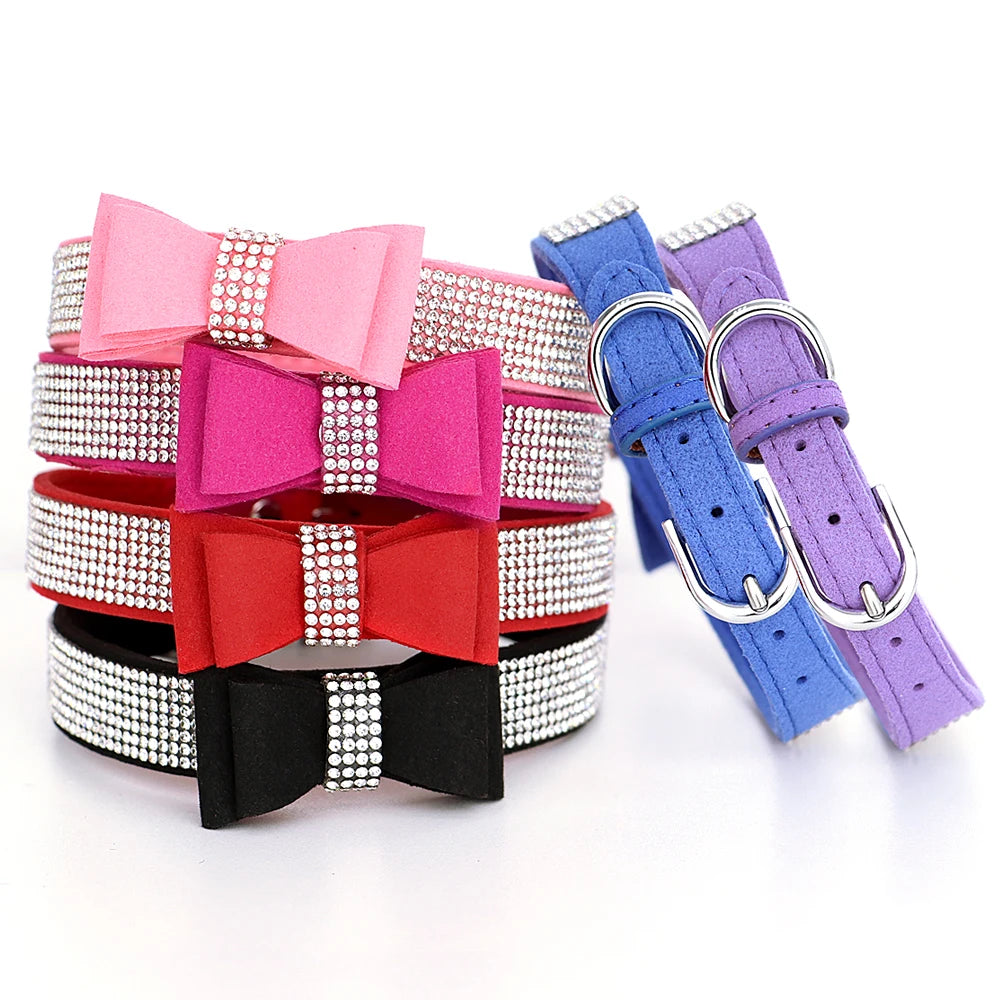 Adjustable Rhinestone Dog Collar - Suede Leather with Bowknot Design